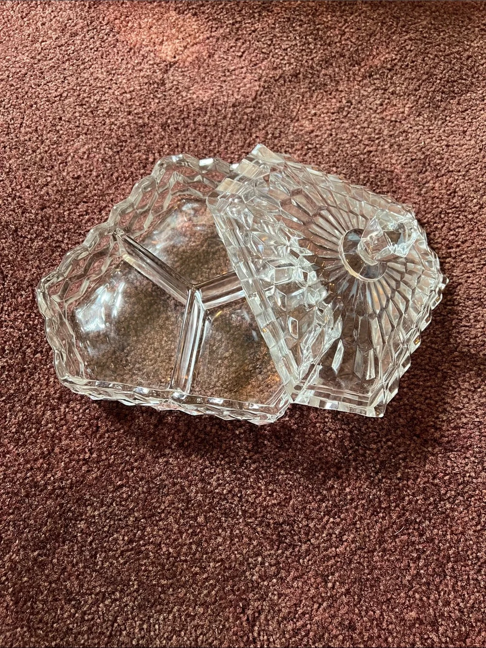 Vintage Fostoria Clear Glass Three-Section Vanity Trinket Box with Lid